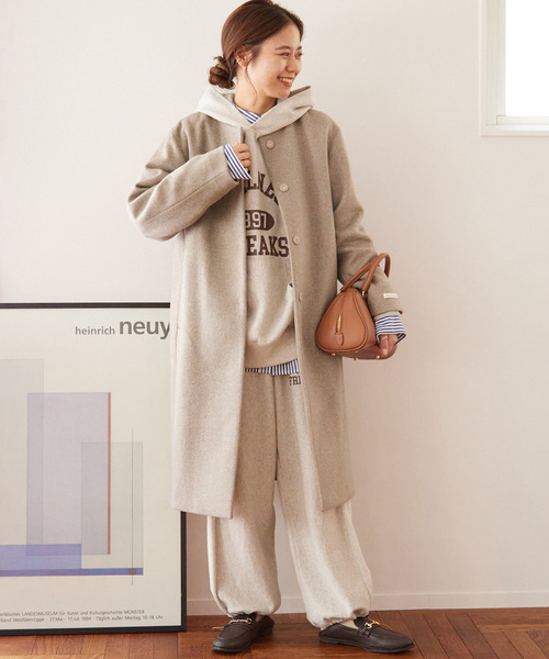 セール】□別注LANA WOOL 140 クルーネックコート（ノーカラーコート