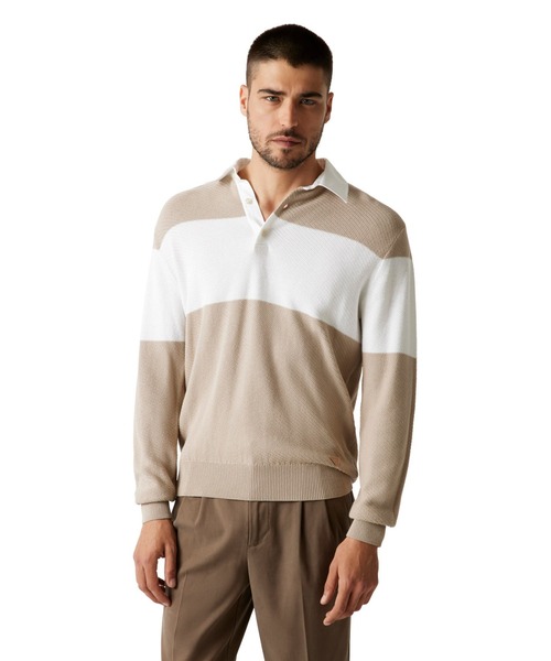 KNOX Long Sleeves Diagonal Ribs Blocking Polo Sweater ニット