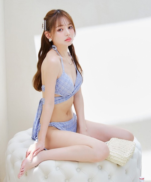 ツイードプリント バッククロスリボン クロスビキニ 2点セット（水着