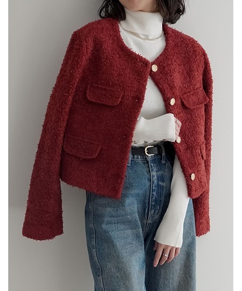 セール】[入卒式 セレモニー]ボアリボン金釦ノーカラーツイード