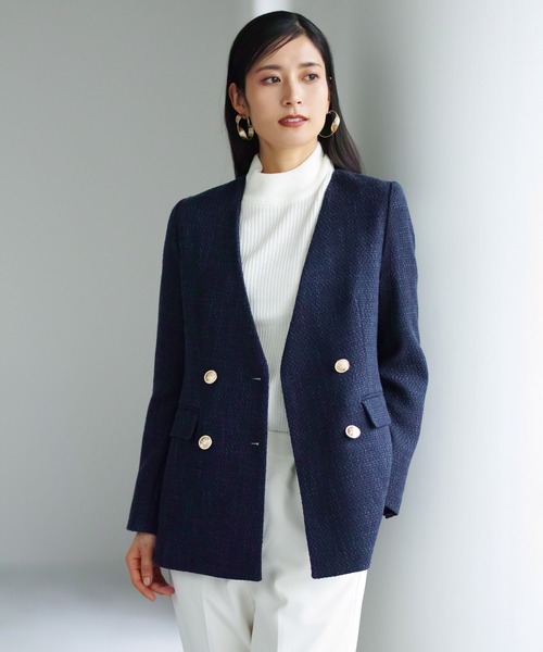 セール】【洗える＆防シワ】金ボタンダブルツイードジャケット（ノー