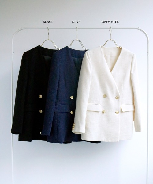 セール】【洗える＆防シワ】金ボタンダブルツイードジャケット（ノー