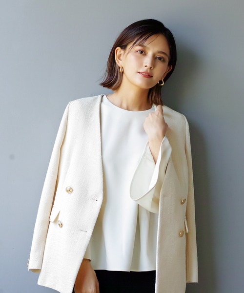 セール】【洗える＆防シワ】金ボタンダブルツイードジャケット（ノー