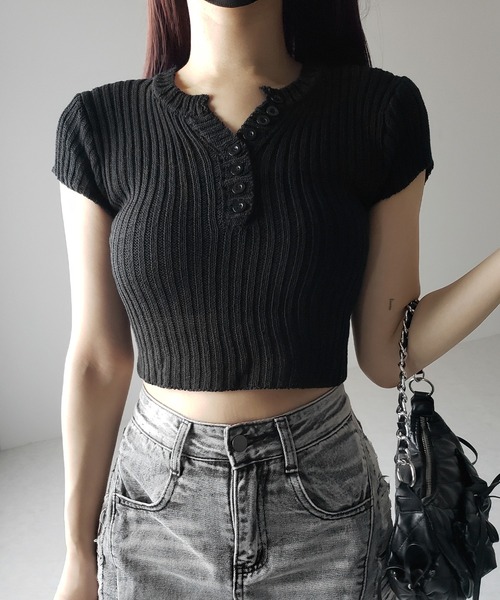 3color 】キーネックショートサマーリブニットトップス ／ Key neck