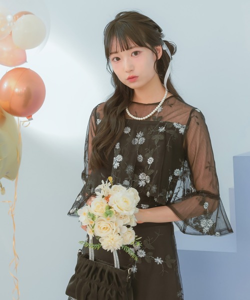 パーティードレス 結婚式 花柄刺繍 七分袖 シアースリーブ シースルー