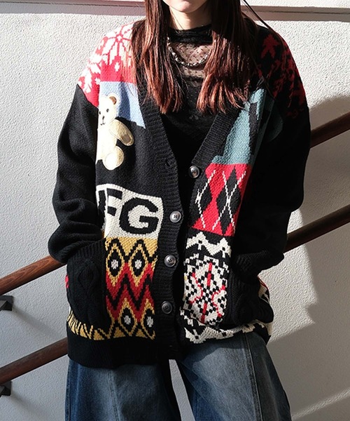 セール】【HOOK】パッチワーク柄ニットカーディガン（カーディガン