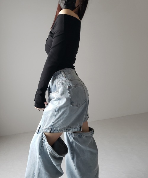 選べる3サイズ 】バックオープンカットアウトウォッシュワイドデニム