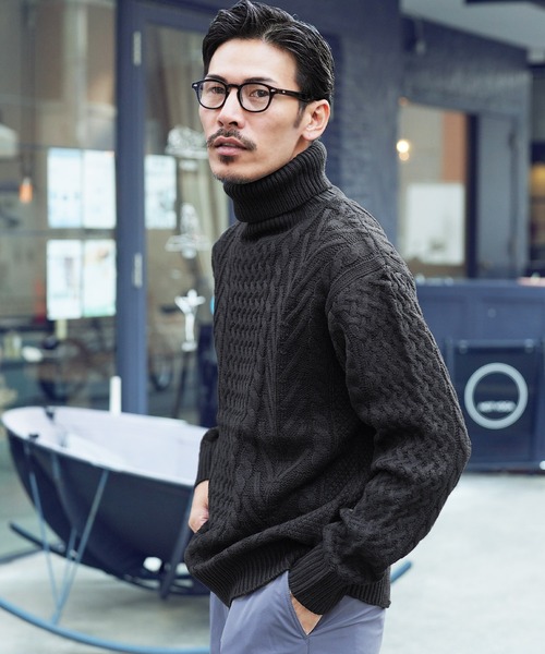 セール】ローゲージ タートルネック フィッシャーマン ケーブルニット