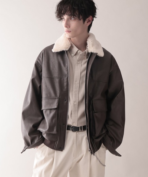 AIRTHERMAL/エアサーマル】襟ボア/フェイクレザージャケット（ブルゾン