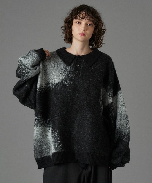 セール】MIX PATTERN SHAGGY VOLUME KNIT POLO / シャギーミックス