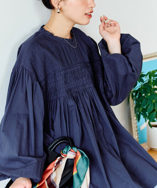 限定展開 インド ピンタック ギャザー ロングスリーブ ブラウス