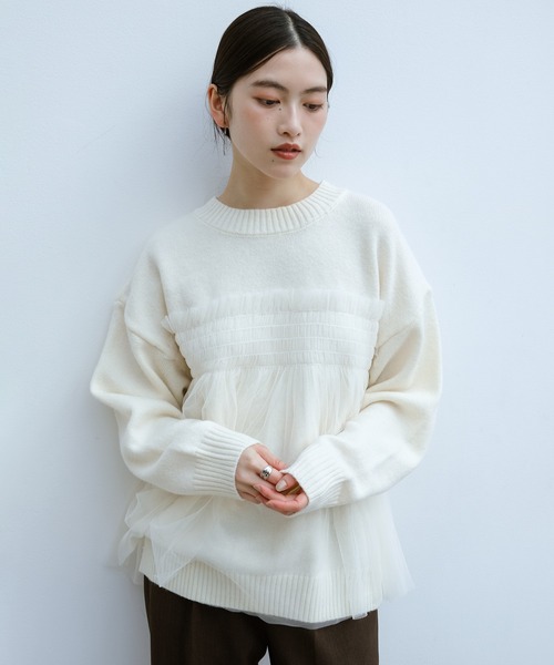 セール】【新色追加】チュールドッキングビスチェ風ニットトップス