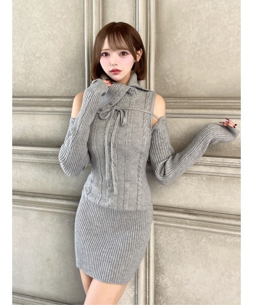 デザインネックニットミニワンピース（ワンピース）｜Darich