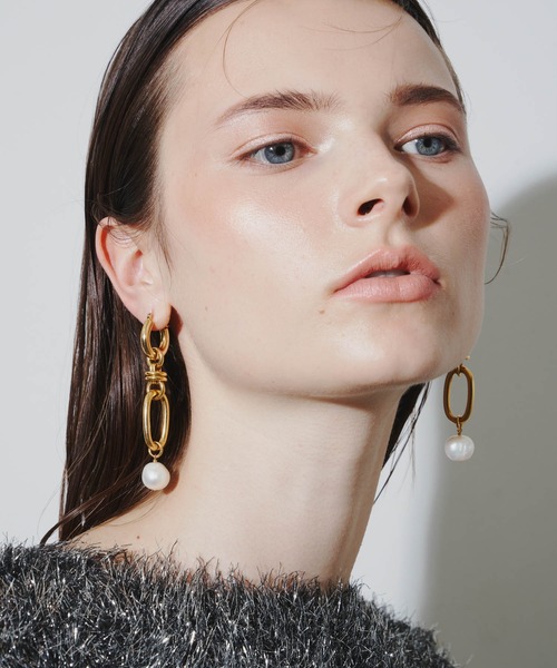 金属アレルギー対応】Link chain pearl pierce/2WAYチェーンパール