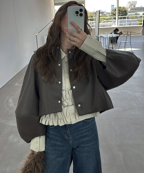 セール】volume 2way sleeve synthetic leather short JK（ノーカラー