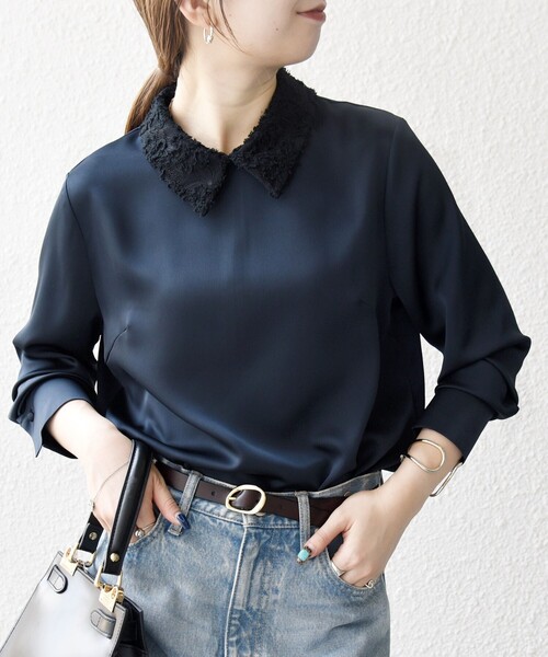 SHIPS any:〈洗濯機可能〉サテン レースカラー ブラウス（シャツ