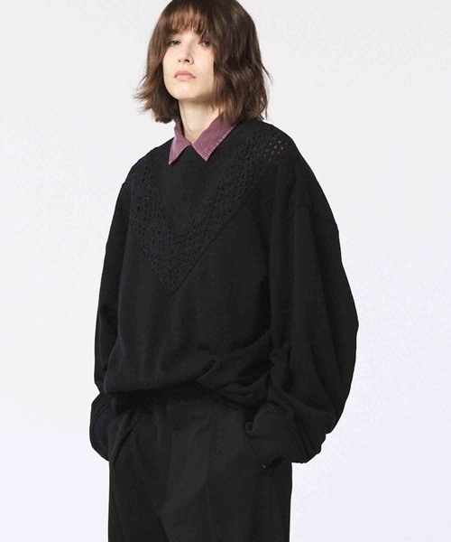 UNISEX》Lace Knit V-Switching Combination Sweat Crew Neck Pullover