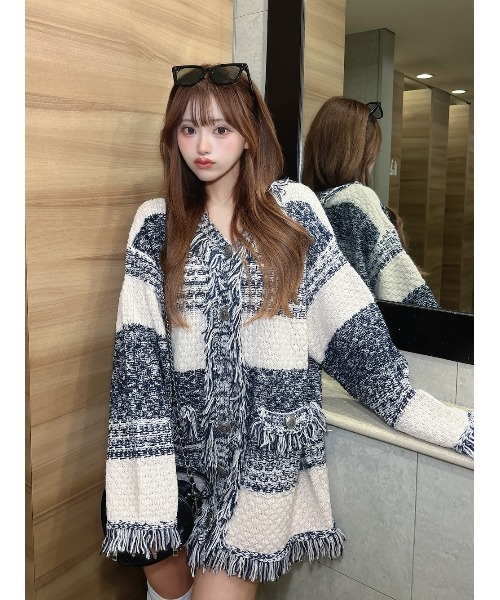 ツイードボーダーニットカーディガン（カーディガン/ボレロ）｜Darich