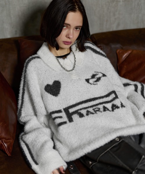 ERAR】オーバーサイズショート丈ハートロゴゲームニットポロシャツ