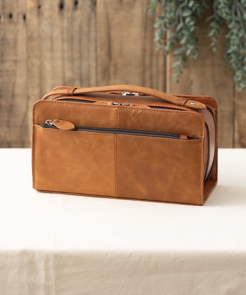 ヴィンテージ 本革 ダブルファスナー ボックス型 セカンドバッグ