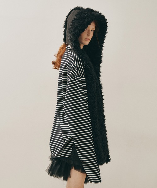 PARTIMENTO フード付きマフラー ブラック ムートンライクボンディング