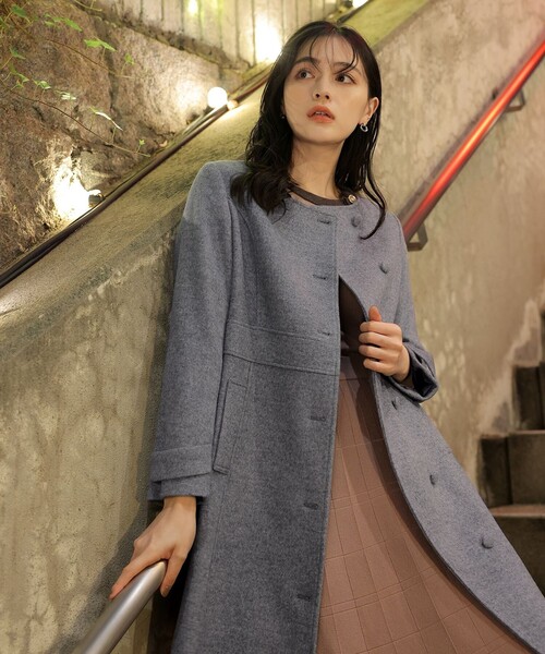 ウール95%】ノーカラー包みボタンAラインコート（ノーカラーコート