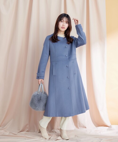 ウール95%】ノーカラー包みボタンAラインコート（ノーカラーコート