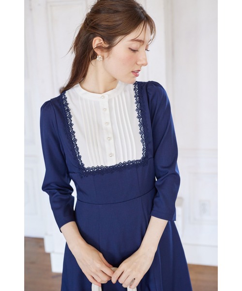 セール】ヨークレース切替レースアップ長袖ワンピース（ワンピース