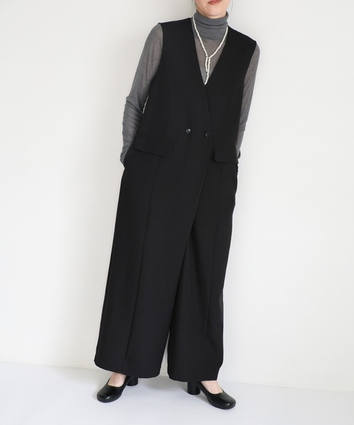 セレモニー】ノーカラーダブルボタンオールインワン（サロペット