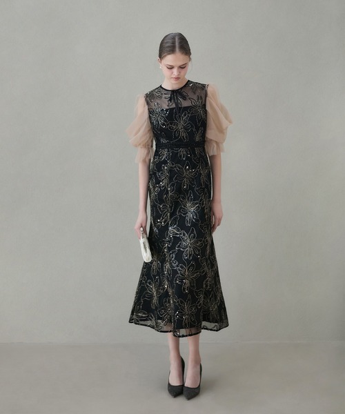 LEJA】スパンコールフラワーリボンチュールワンピースドレス 美脚効果