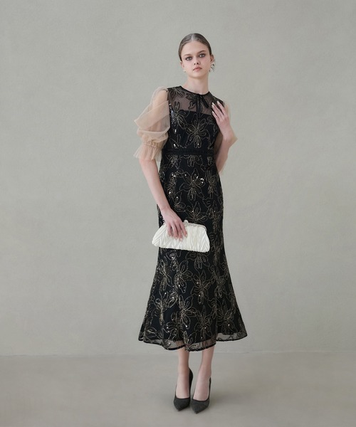 LEJA】スパンコールフラワーリボンチュールワンピースドレス 美脚効果