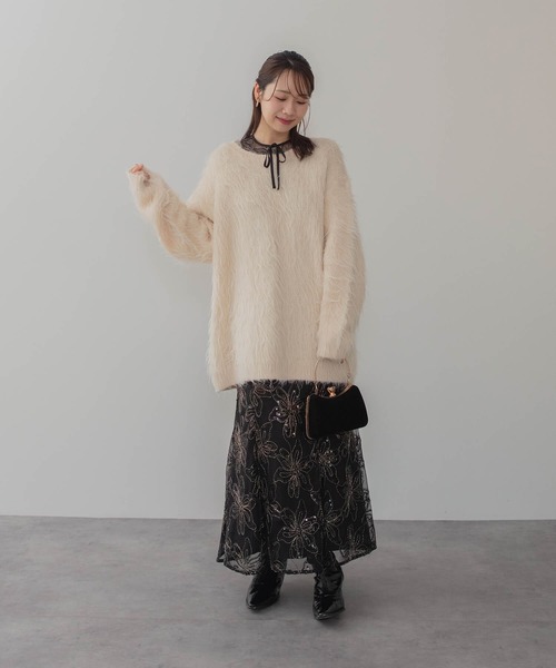 LEJA】スパンコールフラワーリボンチュールワンピースドレス 美脚効果