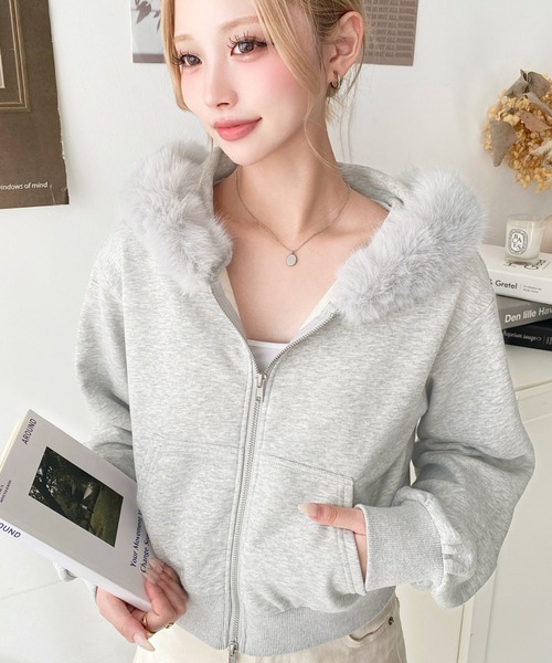 セール】ファーフードダブルジップショートパーカー（パーカー