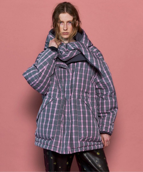 Plaid Hoodie Scarf Middle Down Coat/チェックフーディマフラーミドル