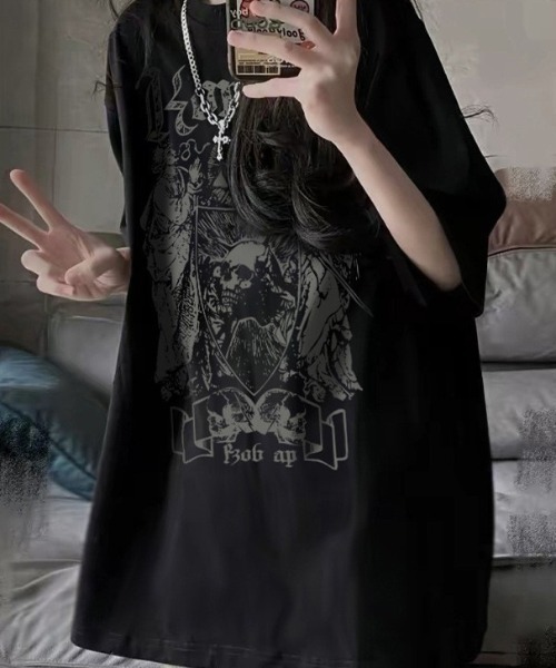 セール】ダーク ドクロ グラフィック ヴィンテージ スカル プリント