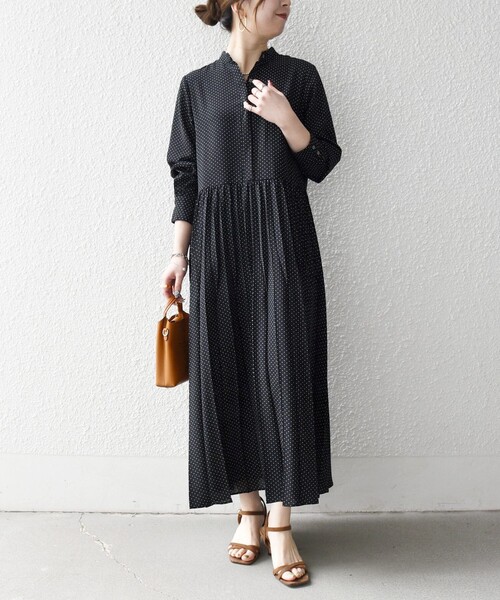 SHIPS any:〈手洗い可能〉ドット バンドカラー プリーツ ロング