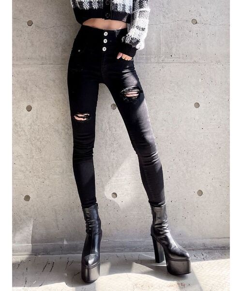 ハイウエストバッククロスダメージスキニーデニムパンツ（デニムパンツ