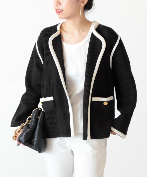 セール】ワッフルバイカラーニットジャケット◇（ノーカラージャケット