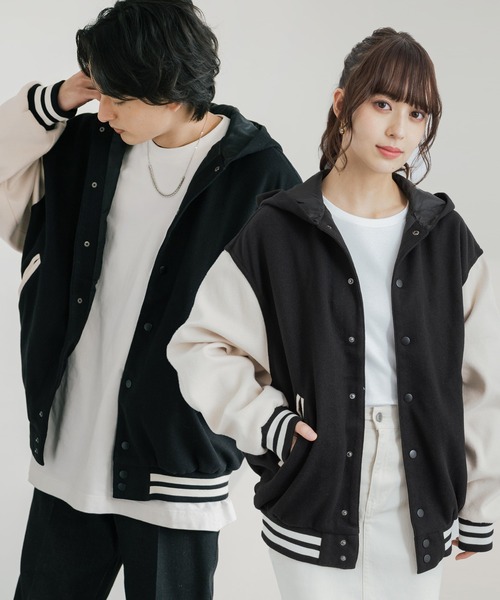 オーバーサイズ ウールライク フード付きスタジャン（スタジャン