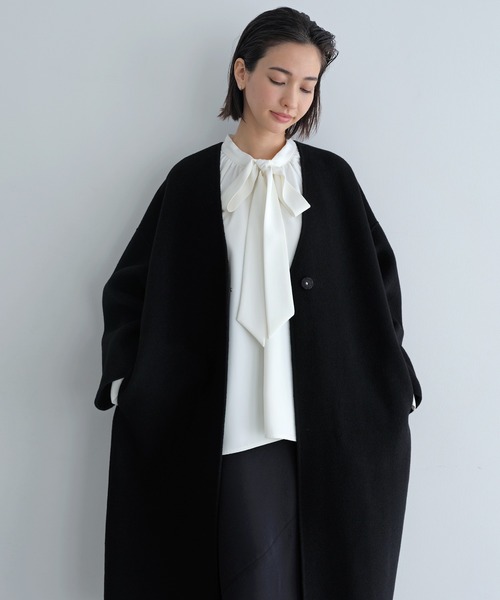 セール】ノーカラーリバーロングコクーンコート（ノーカラーコート