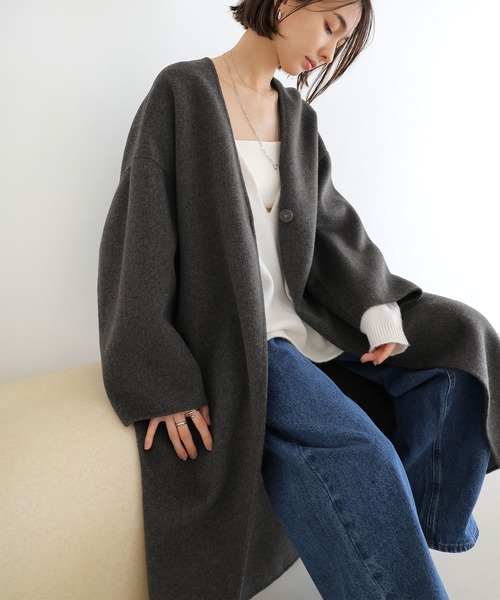 セール】ノーカラーリバーロングコクーンコート（ノーカラーコート