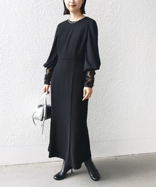 SHIPS別注】kaene:ブラック フォーマル レース スリーブ ワンピース