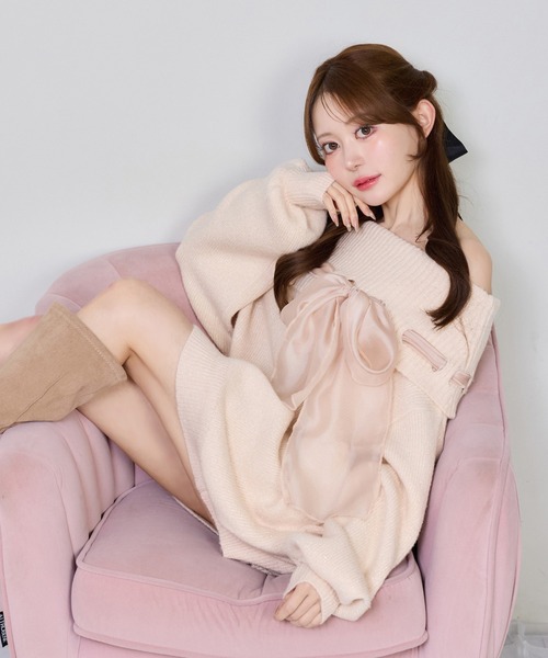 セール】リボン付きオフショルニットワンピ（ワンピース）｜one after