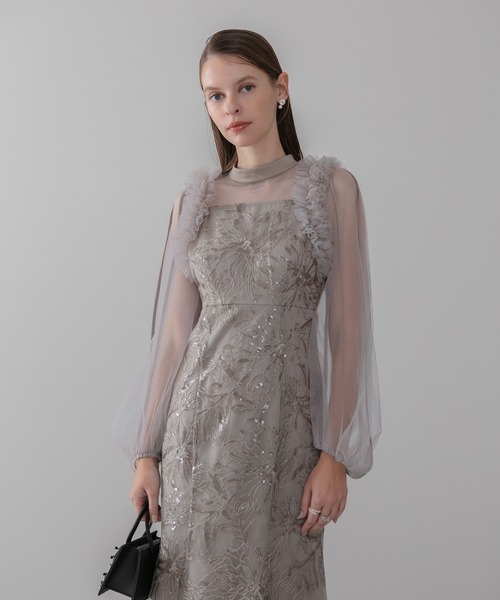 セール】【LEJA】フラワースパンコールチュールフリルロングスリーブ