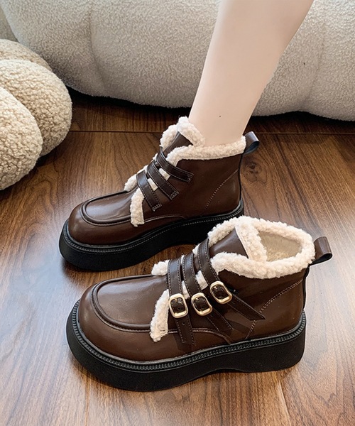 セール】トリプル ベルト 裏ボア ボリューム ショート ブーツ（ブーツ