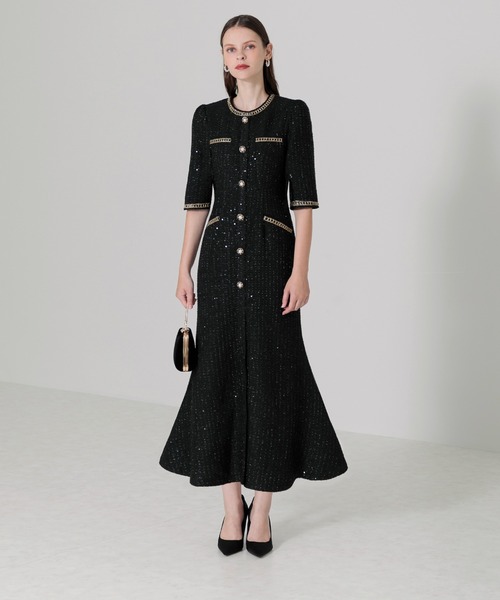 LEJA】ラメ混ツイードレザーパイピングパール釦スパンコール刺しゅう