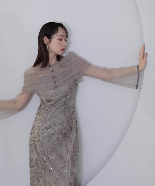 セール】【LEJA】チュールオフショルダー花柄Iラインドレスワンピース