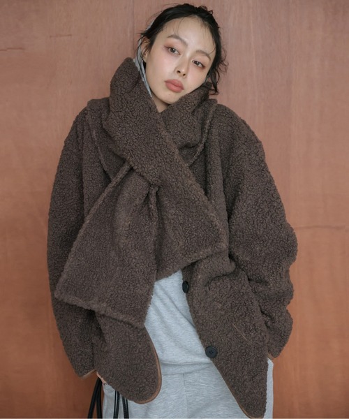 セール】マフラー付き ノーカラーボアジャケット（ノーカラー