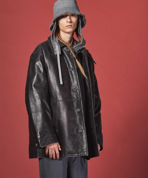 UNISEX》Buffalo Crack Leather Dress-Over Car Coat/バッファロー