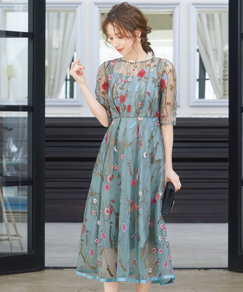 ヴィンテージ風フラワー刺繍結婚式ワンピースドレス（ドレス）｜niana